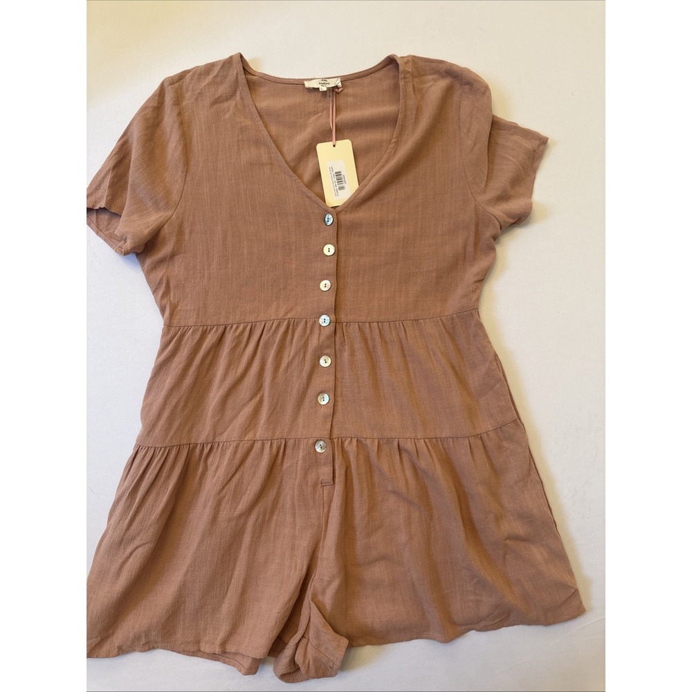 Entro Romper V-Neck Short Sleeve: Blush Rompers W/ Pockets  -Size L, Linen